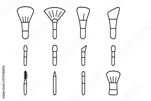 Beauty and makeup brush line icon set. Collection of cosmetic tool outline signs for graphic design. Vector symbols of powder, foundation, eyeshadow, fan, and lip brushes.