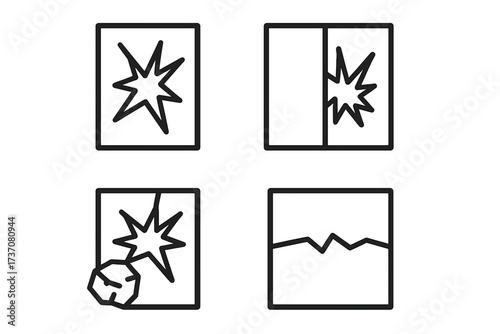 Broken window line icon set. Collection of outline signs showing shattered and cracked glass. Concepts for damage, vandalism, accident, and repair for web and graphic design.