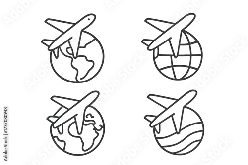 Airplane over globe icon set. International travel, flight, and world trip concept. Global aviation, tourism, and logistics line symbols. Vector planet earth and aircraft icons for web.