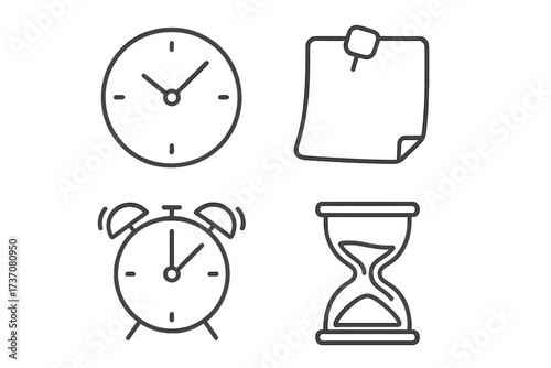 Time management icon set. Thin line vector icons of clock, alarm, reminder note and hourglass. Simple outline symbols for web design, apps and graphic user interface (GUI).