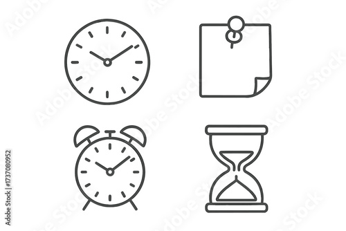 Time management icon set. Clock, alarm, reminder note and hourglass symbols. Thin line art for web and apps. Vector illustration for deadline, schedule, planning concepts.