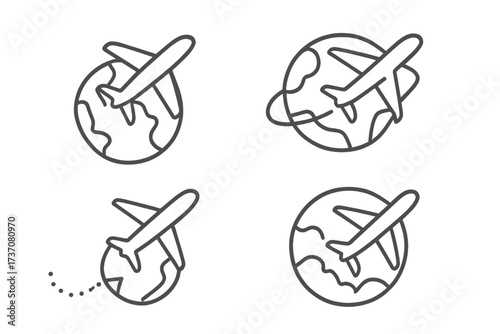 Airplane flying around planet earth icon set. Global travel and international flight concept. Thin line art vector illustration bundle with editable stroke for web and mobile apps.