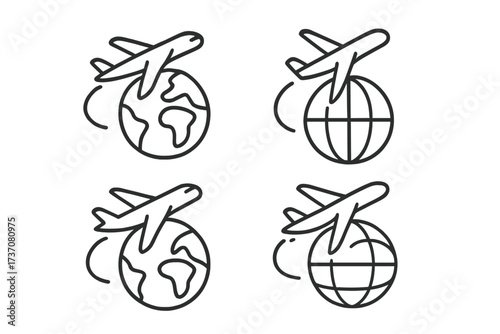 Airplane travel icon set. Plane flying around planet earth. Global flight, international tourism, and world tour concept. Thin line vector illustration with editable stroke.