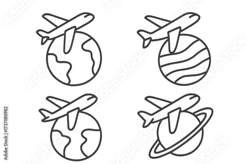 Airplane travel icon set. Global flight, international journey concepts. Thin line vector icons of plane flying over world, earth, and planets. Editable stroke bundle for web.