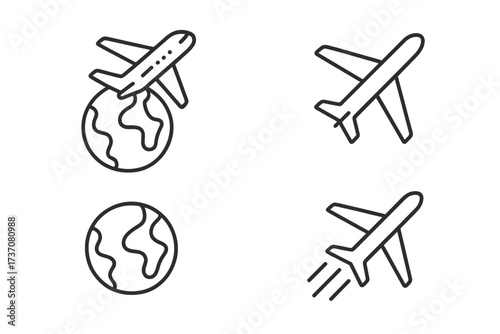 Airplane travel icons. Global flight, international tourism concept. Earth planet and airline symbol. Editable stroke thin line art vector for web, mobile app. Set of pictograms.