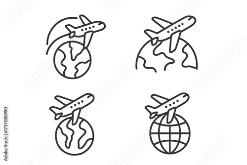 Airplane flying over planet earth icon set. Global travel and international flight symbols. World trip and aviation concept. Thin line art vector illustration with editable stroke.