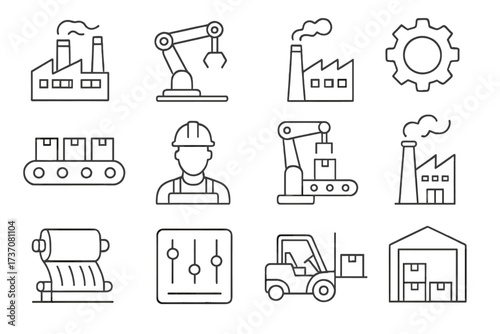 Factory & manufacturing line icon set. Industry, production, automation & logistics symbols. Vector icons for web & apps. Includes robotic arm, conveyor belt, worker & warehouse.
