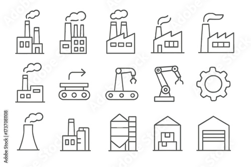 Factory and industry outline icon set. Vector symbols for manufacturing, production, robotic arm, conveyor belt, warehouse, power plant. Thin line industrial icons for web.