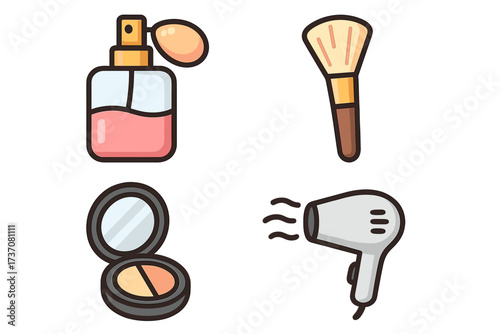 Beauty icon set cartoon vector. Cosmetics collection with perfume, makeup brush, face powder, hairdryer. Concept for salon, spa, skincare, glamour. Flat design graphic element.
