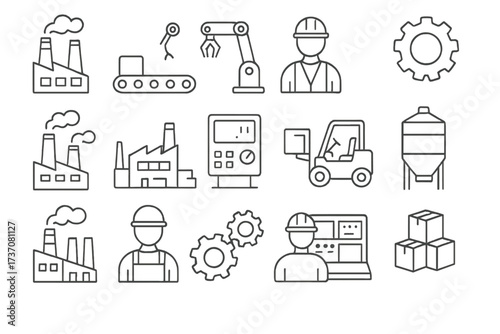 Industrial manufacturing icon set. Thin line vector signs for factory, production, and automation. Includes worker, robot arm, conveyor belt, forklift, and gear symbols.
