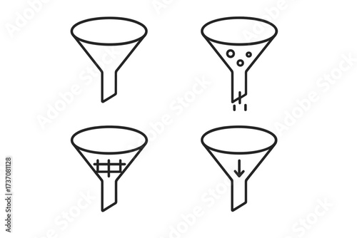 Set of filter and funnel line icons. Vector symbols for data sorting, processing, and lead generation. Sales funnel, conversion, and purification concept for web, UI, UX design.