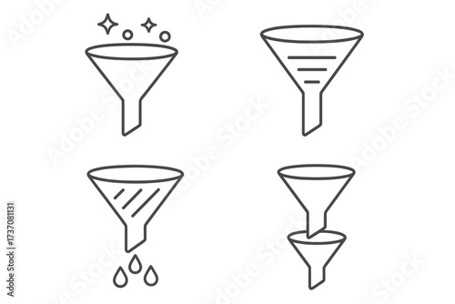 Filter and funnel line icon set. Vector symbols for data sorting, sales conversion, and marketing analysis. Thin line pictograms for web UI, apps, and business process.