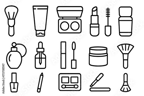 Beauty line icon collection. Big set of cosmetic and makeup outline signs for graphic design. Skincare vector pictogram pack with lipstick, mascara, brush, eyeshadow, perfume.