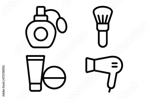 Beauty line icon set with perfume, makeup brush, cosmetics, and hair dryer. Vector graphic elements for salon, spa, and personal care concepts. Simple outline pictograms for app design.