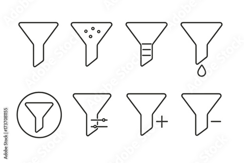 Filter and funnel thin line icon set. Collection of signs for data sorting, web and app interface design. Vector symbols for filtering options, settings, and organization.