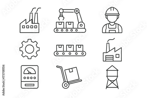 Factory and manufacturing industry line icon set. Production, automation, and logistics symbols. Vector collection with worker, conveyor belt, robotic arm, and plant signs.