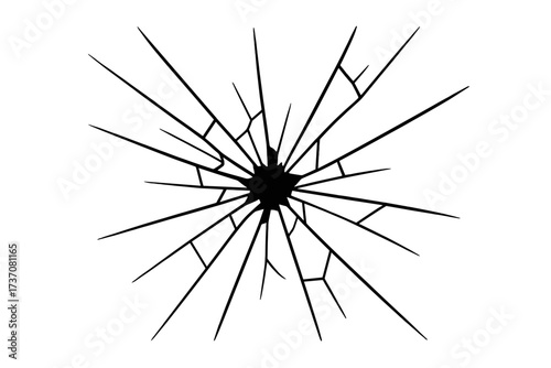 Broken glass with cracks and a bullet hole from impact. Shattered window texture effect. Vandalism or accident concept. Vector illustration for graphic design on transparent background.