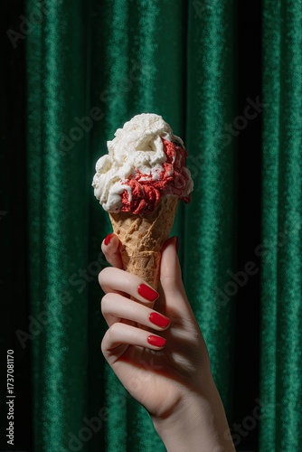 Hand with red nails holds an ice cream cone with red and white swirled topping, curtain background