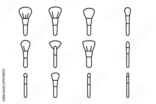 Beauty line icon set. Cosmetic brush outline signs for graphic and web design. Makeup artist tools for powder, blush, foundation. Vector illustration for apps and adverts.