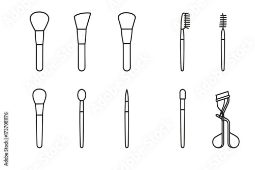 Makeup brush thin line icon set. Cosmetic tools outline symbols for beauty, web and graphic design. Vector collection of professional makeup artist kit essentials.