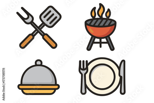 Cooking culinary kitchen utensil icon set barbecue grill fork spatula dish plate serving tray cutlery food restaurant chef cooking tools vector collection