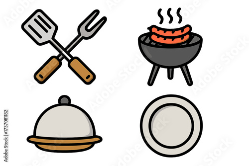 Barbecue icon set. Cooking and grilling vector bundle. Includes BBQ grill with sausage, kitchen utensil, spatula, fork, restaurant cloche dish, and plate. Cartoon clipart.