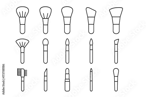 Beauty thin line icon set. Cosmetic brush outline signs for graphic and web design, apps, adverts. Makeup artist tools vector collection. Professional cosmetics kit symbols.