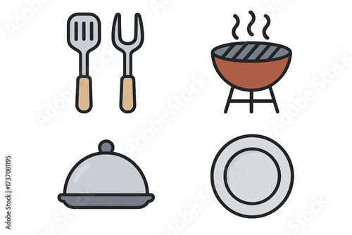 Cooking icon collection of vector line art. Barbecue grill, kitchen utensil set with spatula and fork, restaurant serving cloche, and plate. Food and dining concept graphics.