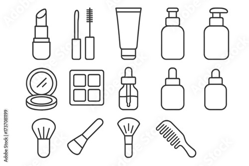 Beauty line icon collection. Cosmetics and makeup outline icons for web design. Vector set includes lipstick, mascara, cream, serum, powder, brush, eyeshadow and skincare items.