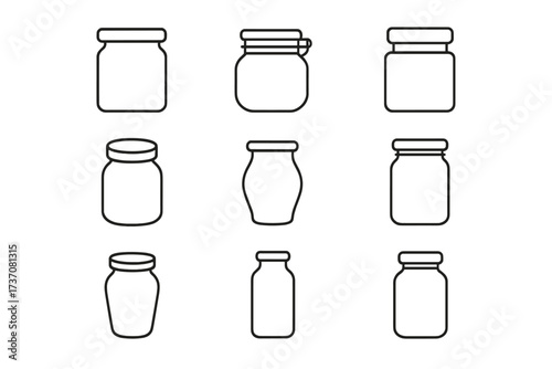 Glassware line icon collection. Vector glass jar, bottle, and pot silhouettes. Modern linear symbols for food storage, canning, preserving. Outline kitchen container icons.