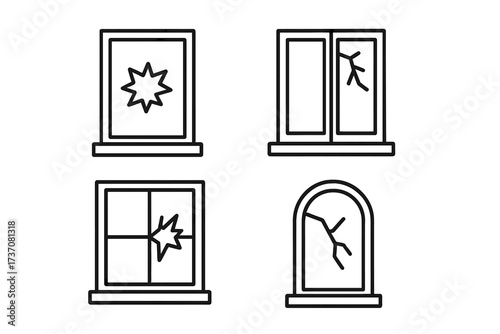 Broken window line icon set. Cracked glass and vandalism concept. Shattered pane symbol collection for web design, apps. Damaged property vector outline illustration sign.