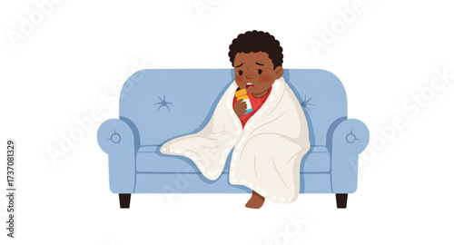 Vector illustration of a sick child sitting on sofa, covered with blanket, coughing and holding medicine bottle