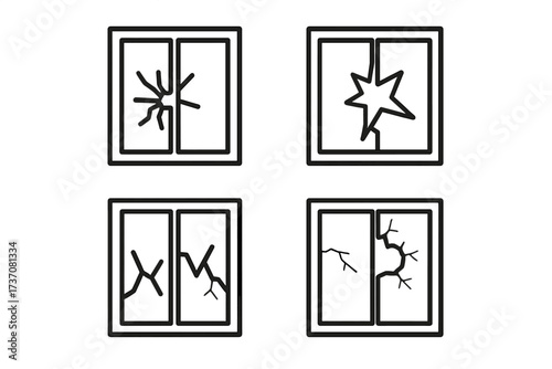 Broken window line icon set. Cracked glass concept for vandalism, accident, damage, crime. Outline pictogram collection for web design, apps. Shattered pane vector symbols.