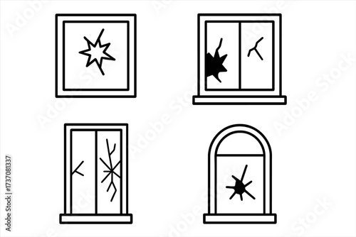 Broken window line icon set. Vandalism and destruction concept. Smashed and cracked glass outline symbols collection. Damaged property vector illustration for graphic design.