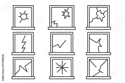 Broken window thin line icon set. Cracked glass outline pictograms for web and graphic design. Simple symbols for damage, accident, vandalism, and home repair concepts.