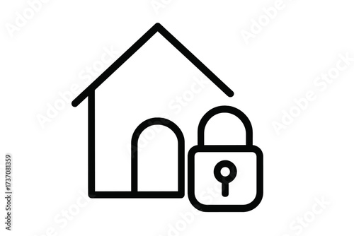 Home security icon with house and lock. Symbol for safety, protection, and property. Concept for lockdown, stay at home, and quarantine. Real estate and insurance vector logo.