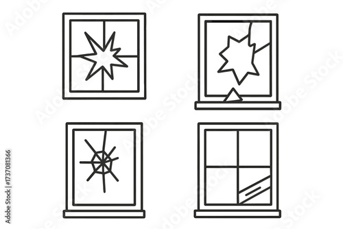 Broken window thin line icon set. Smashed and cracked glass outline signs. Vandalism or accident damage symbol collection. Vector illustration for web, apps, and graphic design.