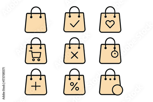 Shopping bag icon set. E-commerce pictograms for online store. Minimal linear icons for web design, UI, UX. Includes cart, favorite, add, sale, discount, checkout symbols.