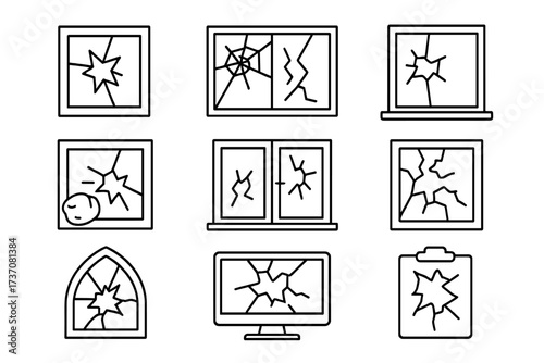 Broken window line icon set. Cracked glass, shattered screen and vandalism concept. Outline signs for graphic and web design. Vector damage and destruction symbols.