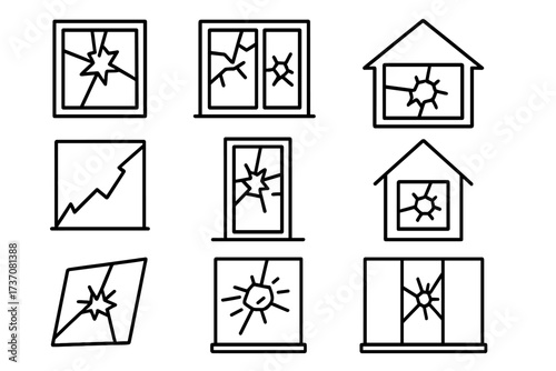 Broken window and cracked glass line icon set. Home damage, vandalism, and accident concepts. Outline vector symbols for web design, apps, and graphic resources. Shattered pane.