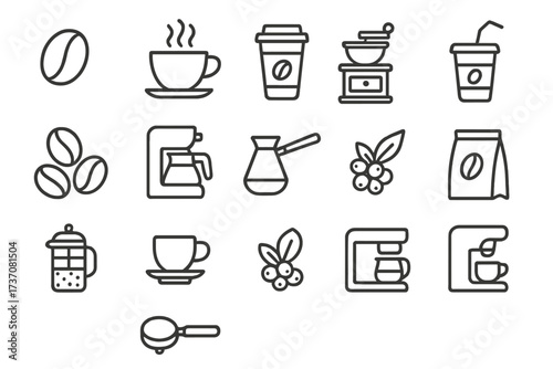 Coffee line icon set. Vector collection of coffee shop symbols. Includes espresso, coffee machine, grinder, beans, french press. Thin outline style for cafe menu, web, apps.