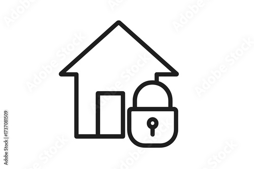 Home security concept with house and padlock icon. Vector line art for property protection, real estate safety, and secure living. Private access control and safety symbol.