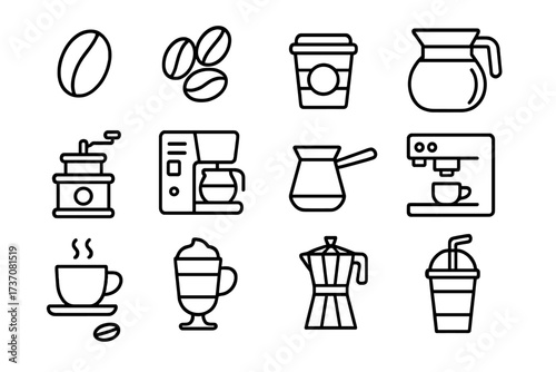 Coffee line icon collection. Vector outline symbols for cafe & web design. Set includes coffee maker, espresso machine, grinder, moka pot, beans, cup, latte & cold brew.