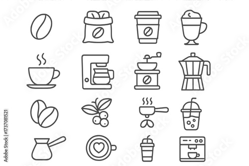 Coffee line icon set. Barista and coffee shop outline symbols. Vector collection for cafe menu, web, apps. Includes espresso machine, grinder, pot, latte, cappuccino.