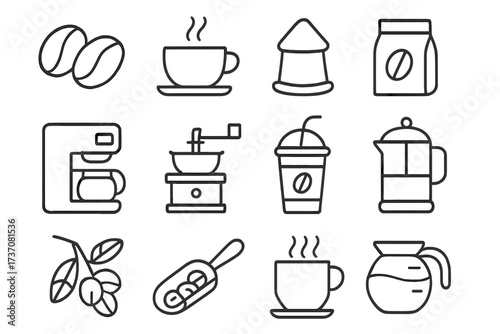 Coffee line icon set for cafe and barista. Vector outline symbols of the coffee making process. Includes coffee bean, cup, grinder, maker, french press, pot, capsule, drink.