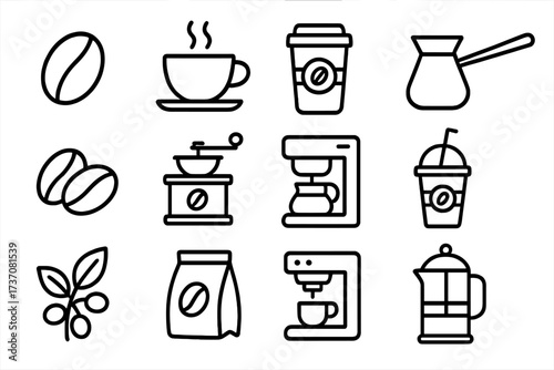 Coffee line icon set. Barista equipment and cafe drink symbols. Vector outline pictogram pack. Includes coffee bean, grinder, machine, french press, pot, cup, espresso.