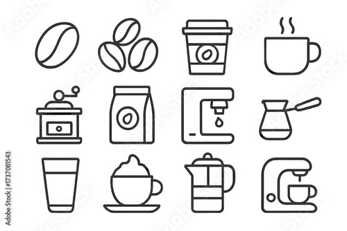 Coffee line icon set. Vector outline symbols for cafe menu and web design. Includes coffee bean, grinder, espresso machine, french press, cup, mug, cappuccino and cezve pot.