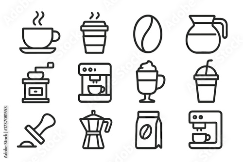 Coffee icon set. Barista equipment and cafe drink symbols. Linear vector illustration for web and app design. Includes espresso machine, grinder, moka pot, and cups.