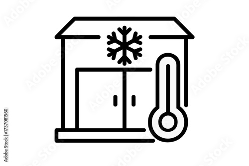 Cold storage warehouse icon. Freezer unit with thermometer and snowflake symbol. Industrial refrigeration and temperature control concept for logistics and supply chain. Vector outline.