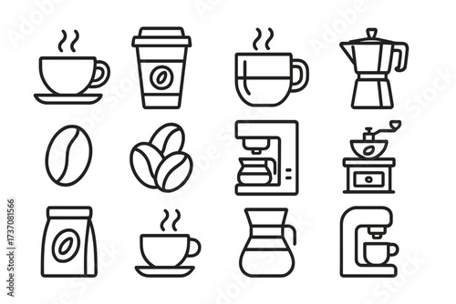 Coffee making linear icons collection. Barista equipment, cafe menu elements. Hot drink symbols like espresso machine, moka pot, cup, grinder. Modern outline vector pictogram set.